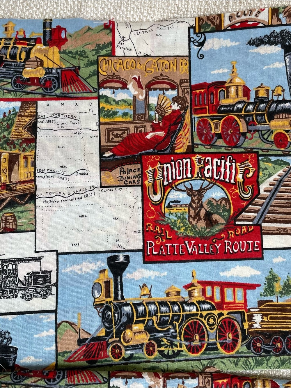Vintage Steam Train Stations Print Cotton Multicolor Fabric Remnants 2pcs 44x19"